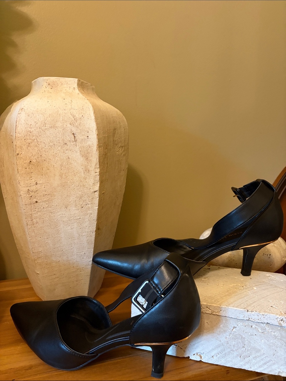 Anne Klein Black Pointed-Toe Ankle-Strap Heels